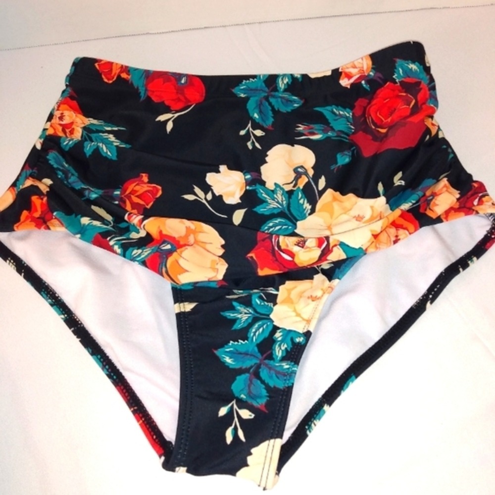 Floral High Waisted Bikini Bottom Black Red Rose Ruched Swim Size Medium